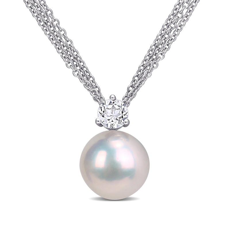 11.0-12.0mm Cultured Freshwater Pearl and 5.0mm White Topaz Triple Strand Pendant in Sterling Silver