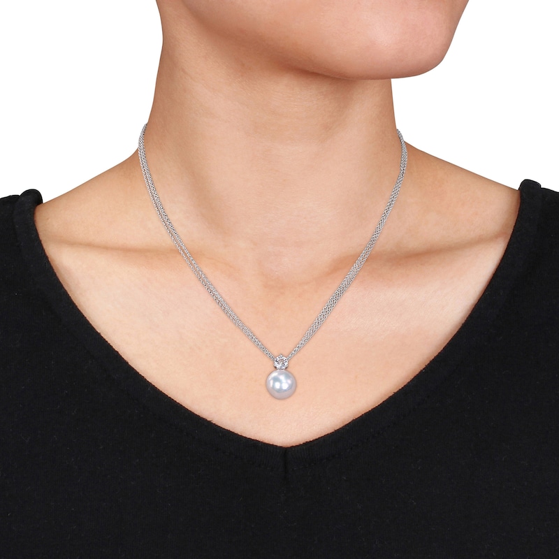 Main Image 2 of 11.0-12.0mm Freshwater Cultured Pearl and 5.0mm White Topaz Triple Strand Pendant in Sterling Silver