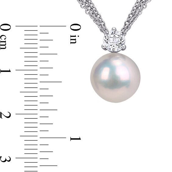 11.0-12.0mm Freshwater Cultured Pearl and 5.0mm White Topaz Triple Strand Pendant in Sterling Silver