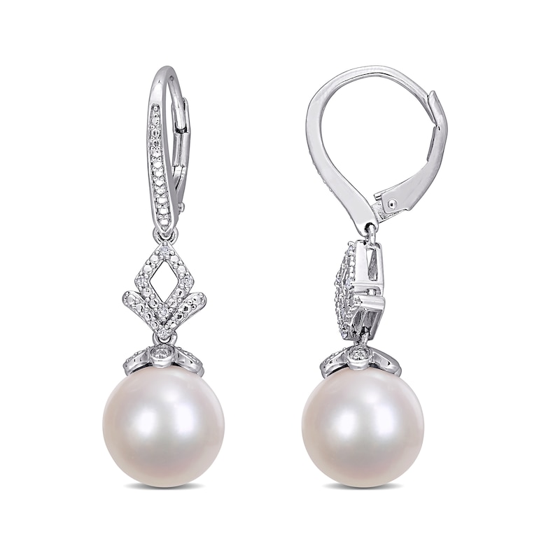 11.0-12.0mm Cultured Freshwater Pearl and 0.05 CT. T.W. Diamond Bead Drop Earrings in Sterling Silver