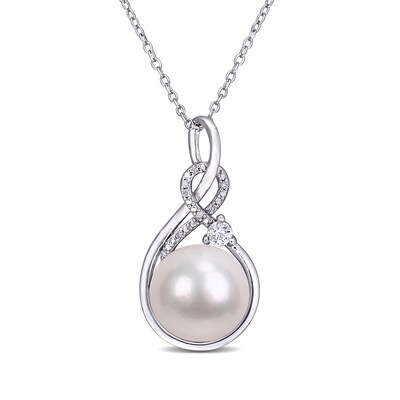 11.0-12.0mm Freshwater Cultured Pearl, Lab-Created White Sapphire and Diamond Accent Pendant in Sterling Silver