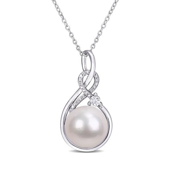 11.0-12.0mm Freshwater Cultured Pearl, Lab-Created White Sapphire and Diamond Accent Pendant in Sterling Silver