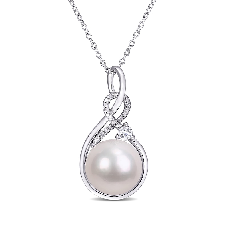 Main Image 1 of 11.0-12.0mm Freshwater Cultured Pearl, Lab-Created White Sapphire and Diamond Accent Pendant in Sterling Silver