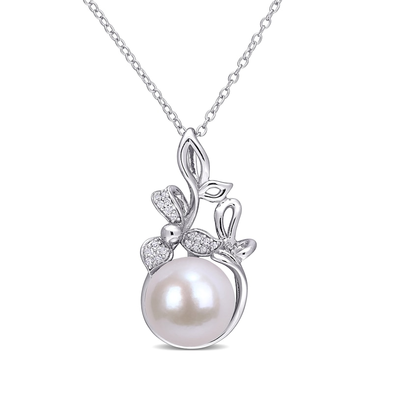 11.0-12.0mm Freshwater Cultured Pearl and 0.065 CT. T.W. Diamond Flower Pendant in Sterling Silver