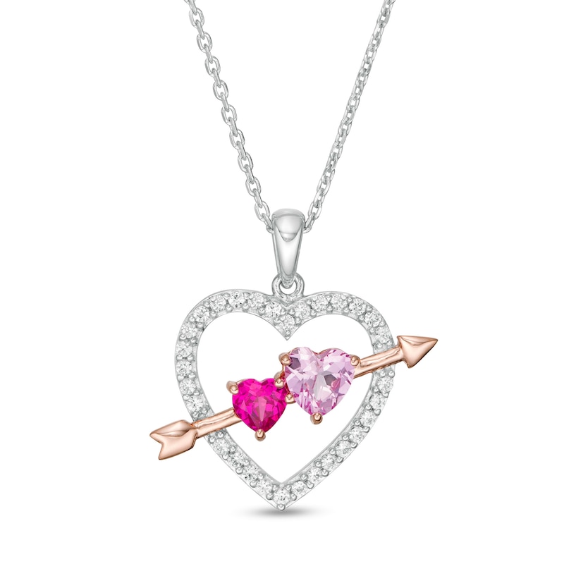 Lab-Created Ruby and Pink and White Sapphire Heart with Arrow Pendant in Sterling Silver and 14K Rose Gold Plate