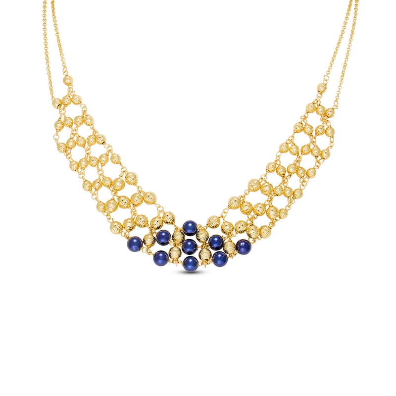 Navy Blue Enamel and Diamond-Cut Bead Bib Necklace in 14K Gold