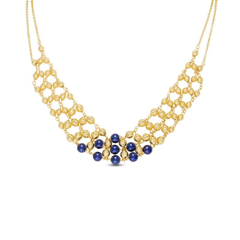 Navy Blue Enamel and Diamond-Cut Bead Bib Necklace in 14K Gold|Peoples Jewellers