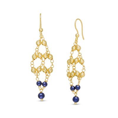 Navy Blue Enamel and Diamond-Cut Bead Drop Earrings in 14K Gold
