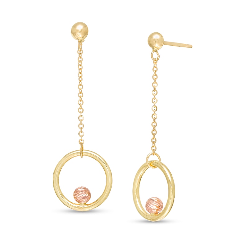 Circle and Bead Dangle Drop Earrings in 14K Two-Tone Gold