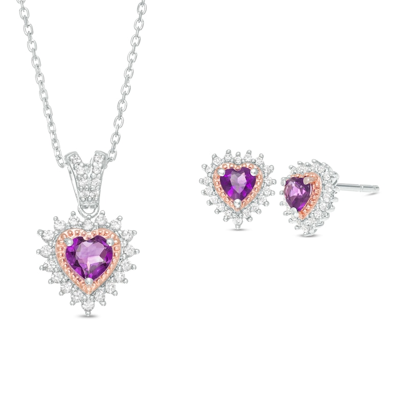 Amethyst and Lab-Created White Sapphire Heart Pendant and Stud Earrings Set in Sterling Silver and 14K Rose Gold Plate
