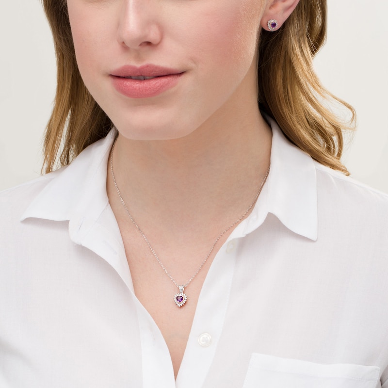 Main Image 2 of Amethyst and Lab-Created White Sapphire Heart Pendant and Stud Earrings Set in Sterling Silver and 14K Rose Gold Plate
