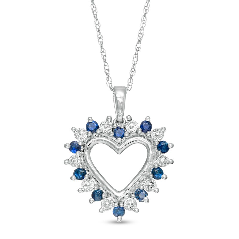 Main Image 1 of Blue Sapphire and Diamond Accent Shadow Heart Pendant in 10K White Gold