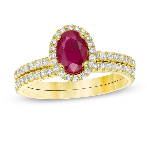 Oval Ruby and 0.33 CT. T.W. Diamond Frame Bridal Set in 14K Gold