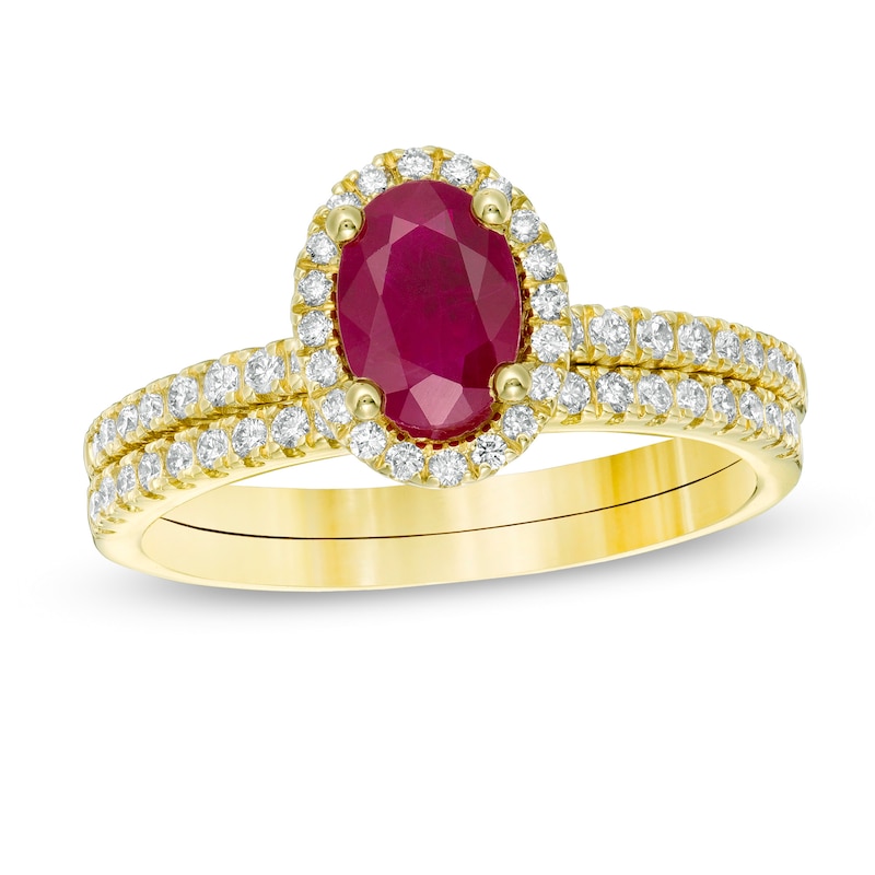 Oval Ruby and 0.33 CT. T.W. Diamond Frame Bridal Set in 14K Gold