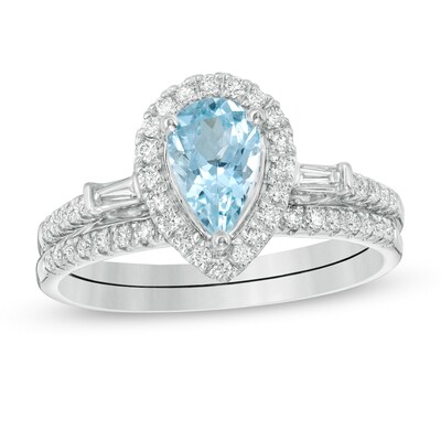 Pear-Shaped Aquamarine and 0.40 CT. T.W. Diamond Frame Bridal Set in 14K White Gold