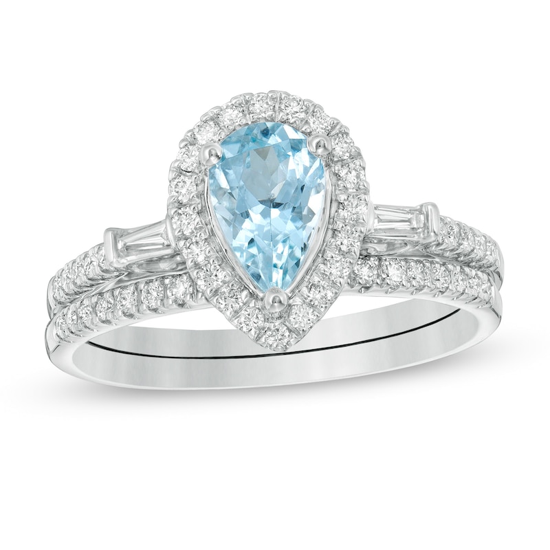 Pear-Shaped Aquamarine and 0.40 CT. T.W. Diamond Frame Bridal Set in ...