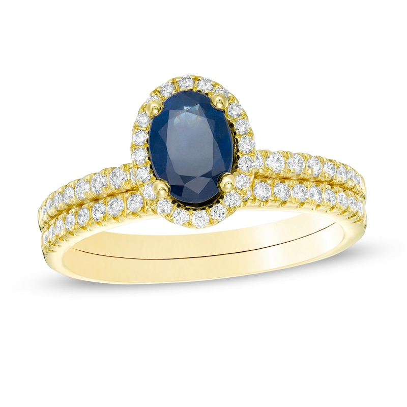 Oval Sapphire and 0.33 CT. T.W. Diamond Frame Bridal Set in 14K Gold