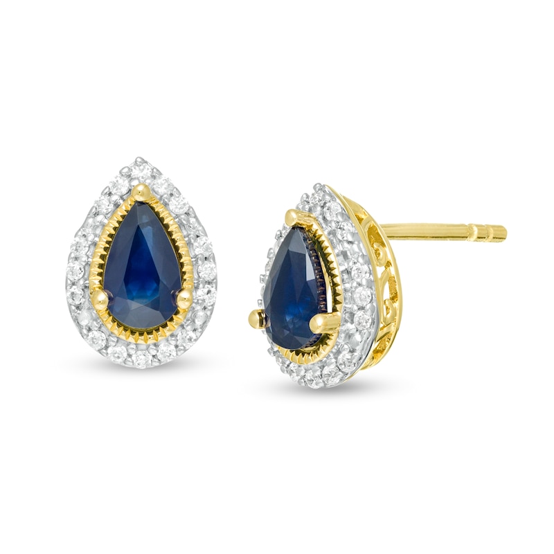 Pear-Shaped Blue Sapphire and 0.07 CT. T.W. Diamond Frame Stud Earrings in 10K Gold