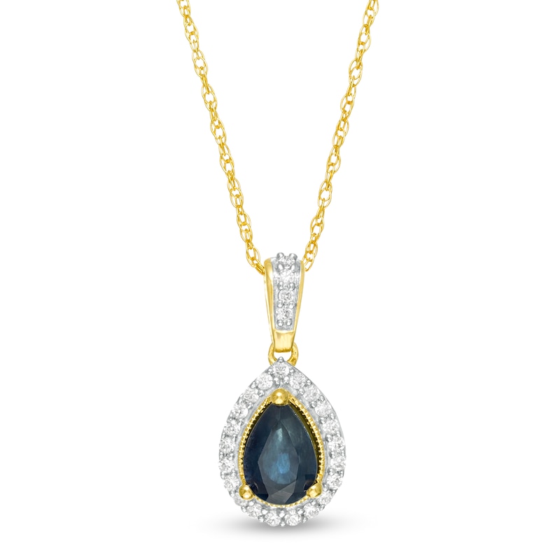 Pear-Shaped Blue Sapphire and 0.08 CT. T.W. Diamond Frame Pendant in 10K Gold