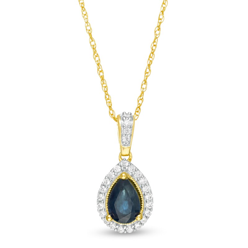 Main Image 1 of Pear-Shaped Blue Sapphire and 0.08 CT. T.W. Diamond Frame Pendant in 10K Gold