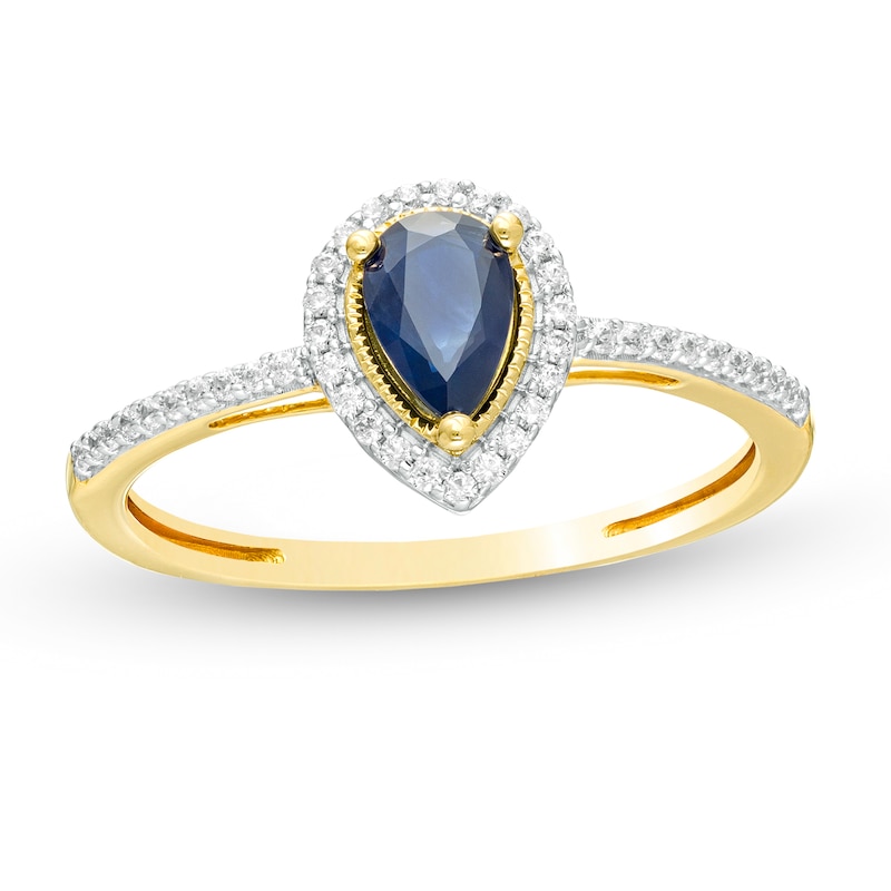 Pear-Shaped Blue Sapphire and 0.10 CT. T.W. Diamond Frame Ring in 10K Gold|Peoples Jewellers