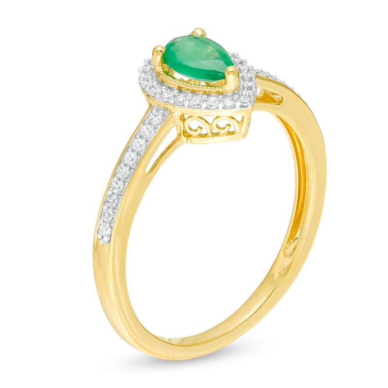 Main Image 3 of Pear-Shaped Emerald and 0.10 CT. T.W. Diamond Frame Ring in 10K Gold