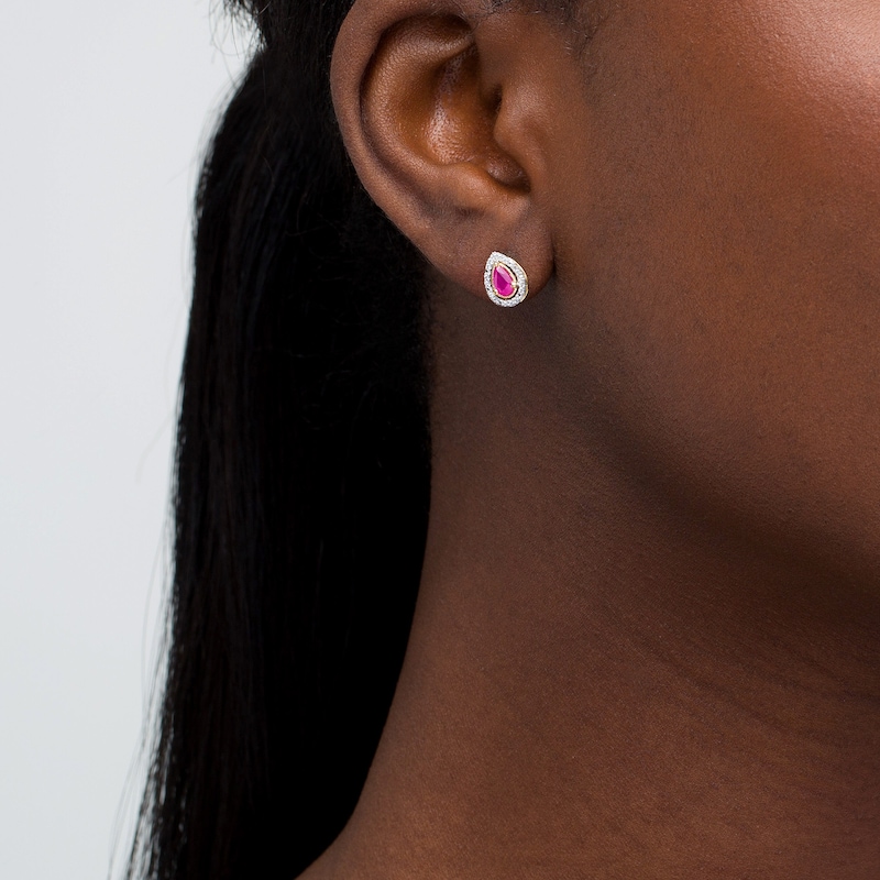 Main Image 2 of Pear-Shaped Ruby and 0.07 CT. T.W. Diamond Frame Vintage-Style Stud Earrings in 10K Gold