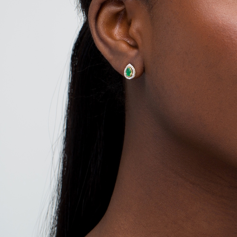 Main Image 2 of Pear-Shaped Emerald and 0.07 CT. T.W. Diamond Frame Vintage-Style Stud Earrings in 10K Gold
