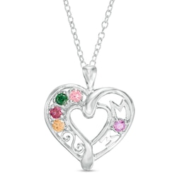 Mother's Birthstone "MOM" Filigree Loop Heart Pendant (2-7 Stones)
