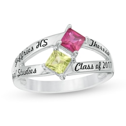4.0mm Princess-Cut Birthstone Engravable Split Shank Class Ring (2 Stones and 4 Lines)
