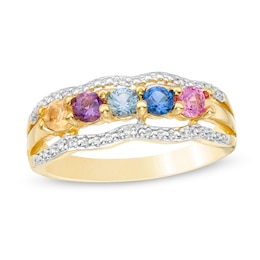 Mother's 3.0mm Birthstone and Diamond Accent Beaded Scallop Border Split Shank Ring (3-7 Stones)