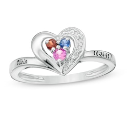 Daughter's Birthstone and Diamond Accent Beaded Heart Frame Engravable Ring (3 Stones and 2 Lines)