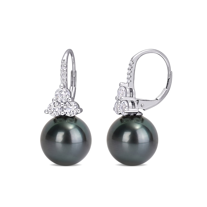 Black Cultured Tahitian Pearl, Lab-Created White Sapphire and 0.05 CT. T.W. Diamond Drop Earrings in 10K White Gold|Peoples Jewellers