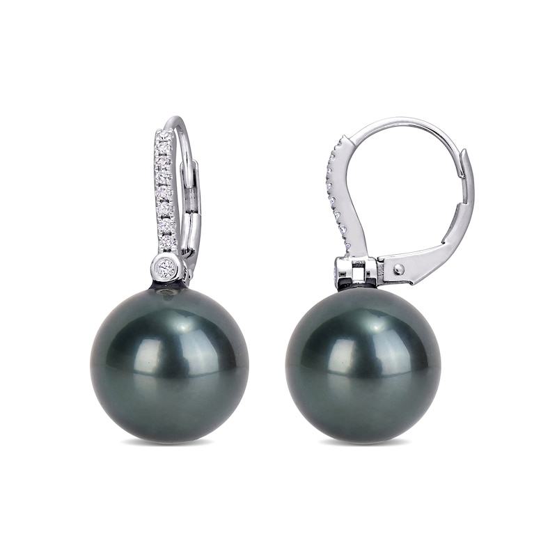 11.0-12.0mm Black Cultured Tahitian Pearl and 0.12 CT. T.W. Diamond Drop Earrings in 10K White Gold|Peoples Jewellers