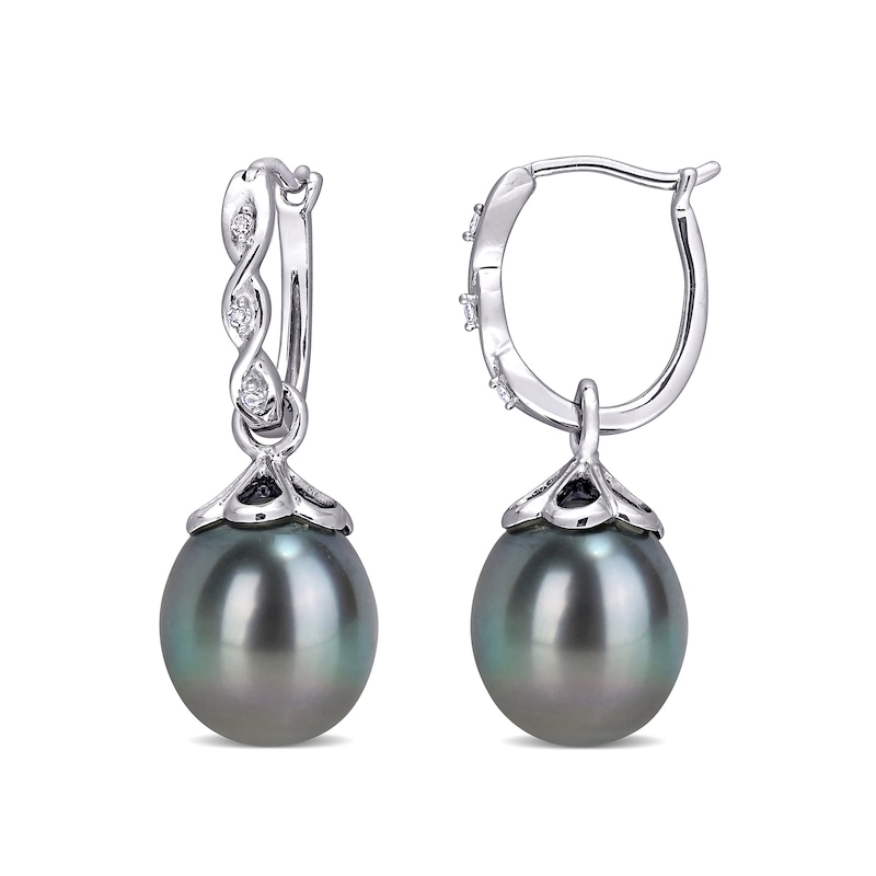 9.0-9.5mm Baroque Black Cultured Tahitian Pearl and Diamond Accent Dangle Drop Earrings in 10K White Gold