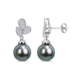 Baroque Black Tahitian Cultured Pearl and 0.19 CT. T.W. Composite Diamond Leaves Drop Earrings in 10K White Gold