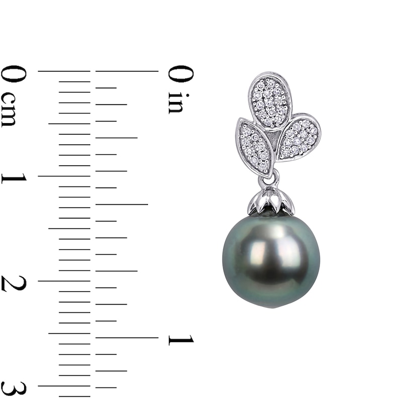 Main Image 3 of Baroque Black Tahitian Cultured Pearl and 0.19 CT. T.W. Composite Diamond Leaves Drop Earrings in 10K White Gold