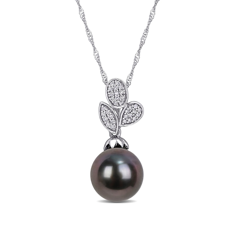 Main Image 1 of 9.0-9.5mm Baroque Black Tahitian Cultured Pearl and 0.09 CT. T.W. Diamond Leaves Pendant in 10K White Gold-17"