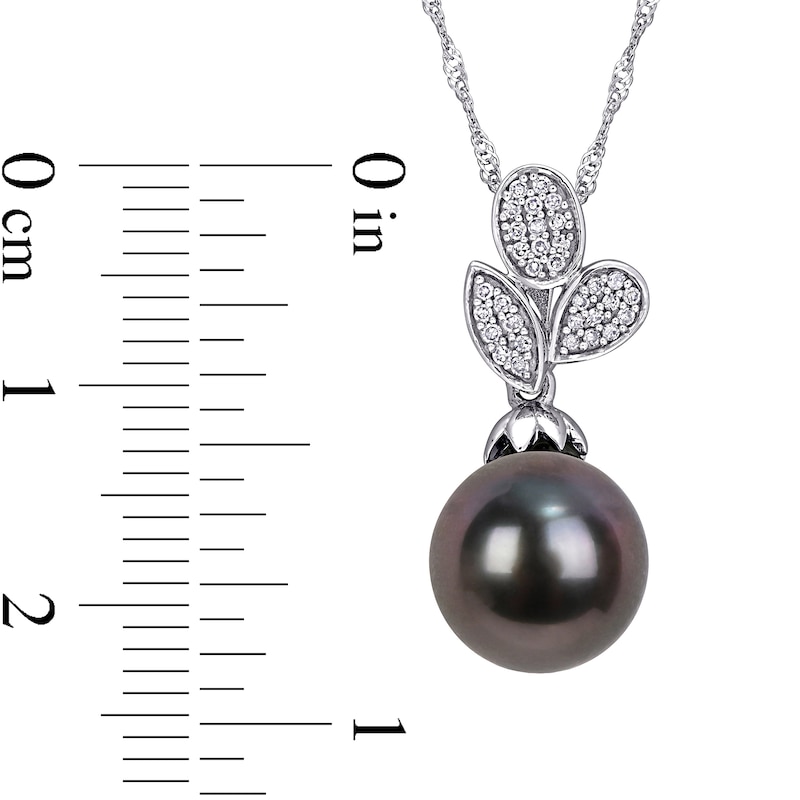 Main Image 3 of 9.0-9.5mm Baroque Black Tahitian Cultured Pearl and 0.09 CT. T.W. Diamond Leaves Pendant in 10K White Gold-17"