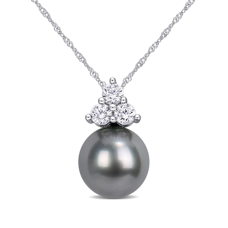 11.0-12.0mm Black Cultured Tahitian Pearl and Lab-Created White Sapphire Tri-Top Pendant in 10K White Gold - 17"|Peoples Jewellers