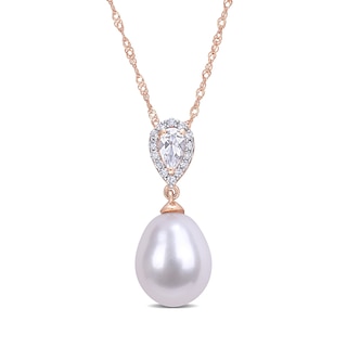 Baroque Freshwater Cultured Pearl, Pear-Shaped White Topaz and 0.07 CT. T.W. Diamond Drop Pendant in 10K Rose Gold-17"