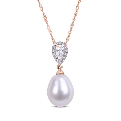 Baroque Freshwater Cultured Pearl, Pear-Shaped White Topaz and 0.07 CT. T.W. Diamond Drop Pendant in 10K Rose Gold-17"