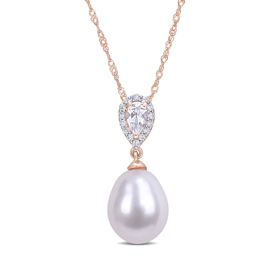 Baroque Freshwater Cultured Pearl, Pear-Shaped White Topaz and 0.07 CT. T.W. Diamond Drop Pendant in 10K Rose Gold-17"