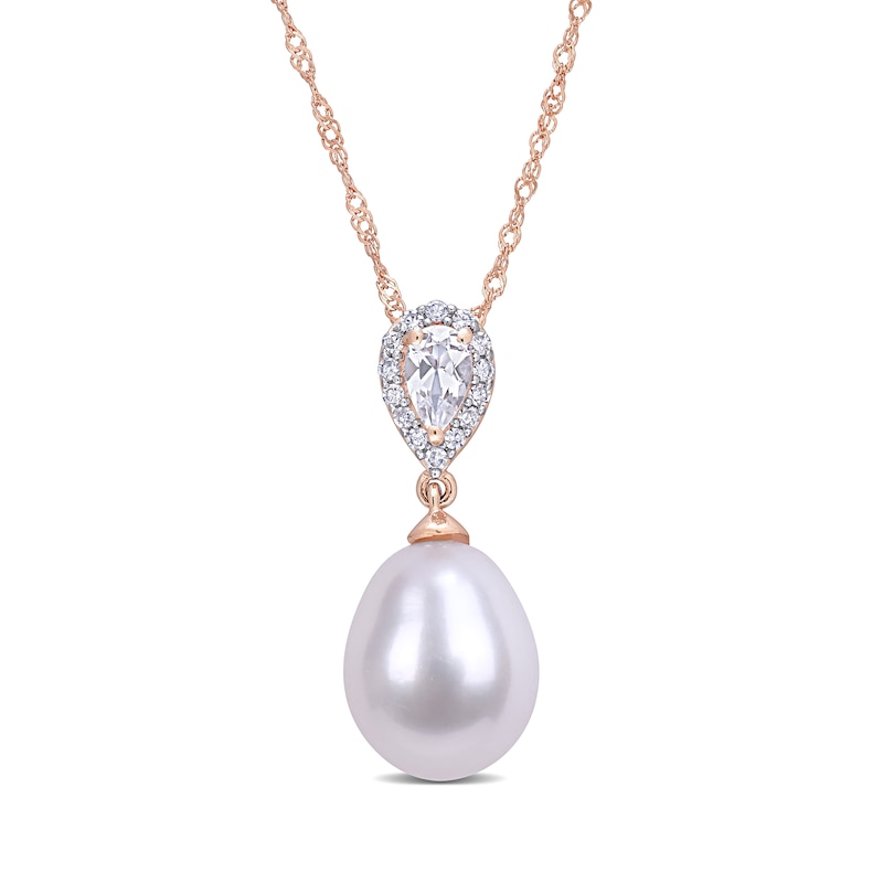 Baroque Freshwater Cultured Pearl, Pear-Shaped White Topaz and 0.07 CT. T.W. Diamond Drop Pendant in 10K Rose Gold-17"