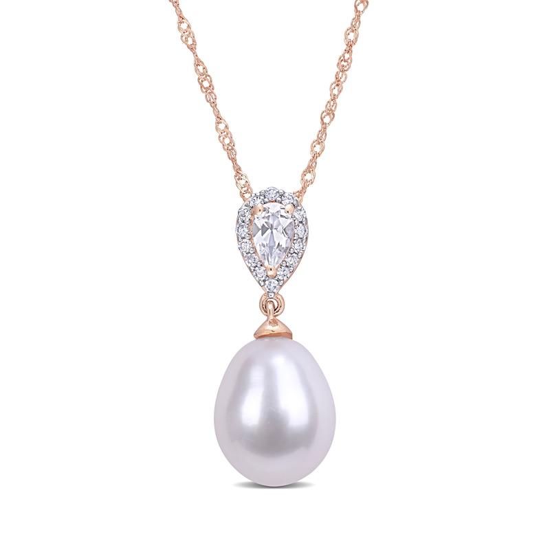 Baroque Cultured Freshwater Pearl, Pear-Shaped White Topaz and 0.07 CT. T.W. Diamond Drop Pendant in 10K Rose Gold - 17"