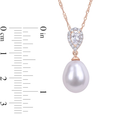 Baroque Freshwater Cultured Pearl, Pear-Shaped White Topaz and 0.07 CT. T.W. Diamond Drop Pendant in 10K Rose Gold-17"