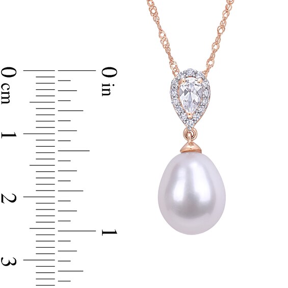 Baroque Freshwater Cultured Pearl, Pear-Shaped White Topaz and 0.07 CT. T.W. Diamond Drop Pendant in 10K Rose Gold-17"