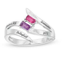 Baguette Birthstone Slant Engravable Bypass Split Shank Class Ring (2 Stones and 4 Lines)