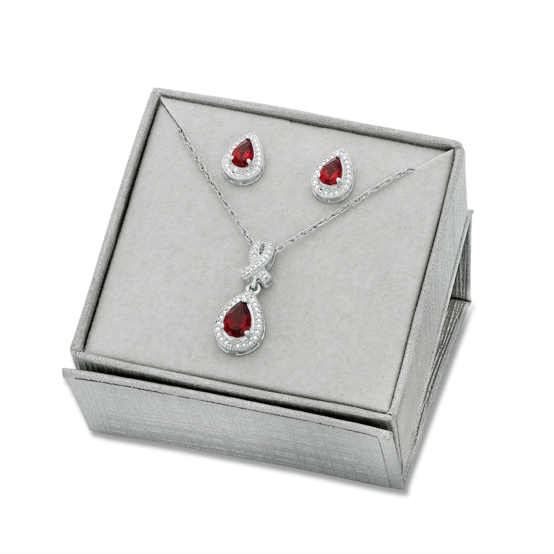 Main Image 1 of Pear-Shaped Garnet and Diamond Accent Teardrop Frame Pendant and Stud Earrings Set in Sterling Silver