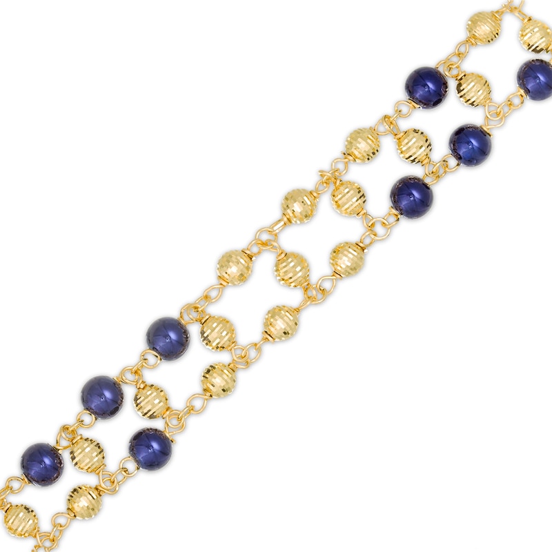 Main Image 1 of Navy Blue Enamel and Diamond-Cut Bead Bracelet in 14K Gold - 7.75"
